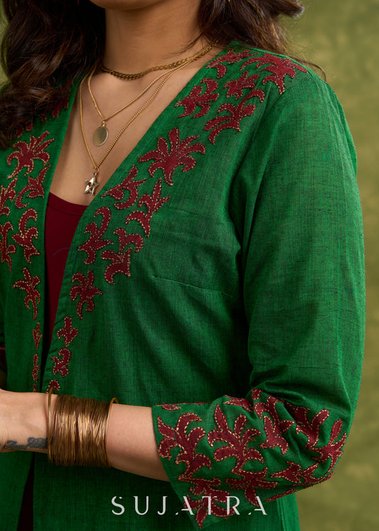 Hand Crafted Emerald Green Cotton Shrug With Vibrant Maroon Applique Accents   Dress Optional