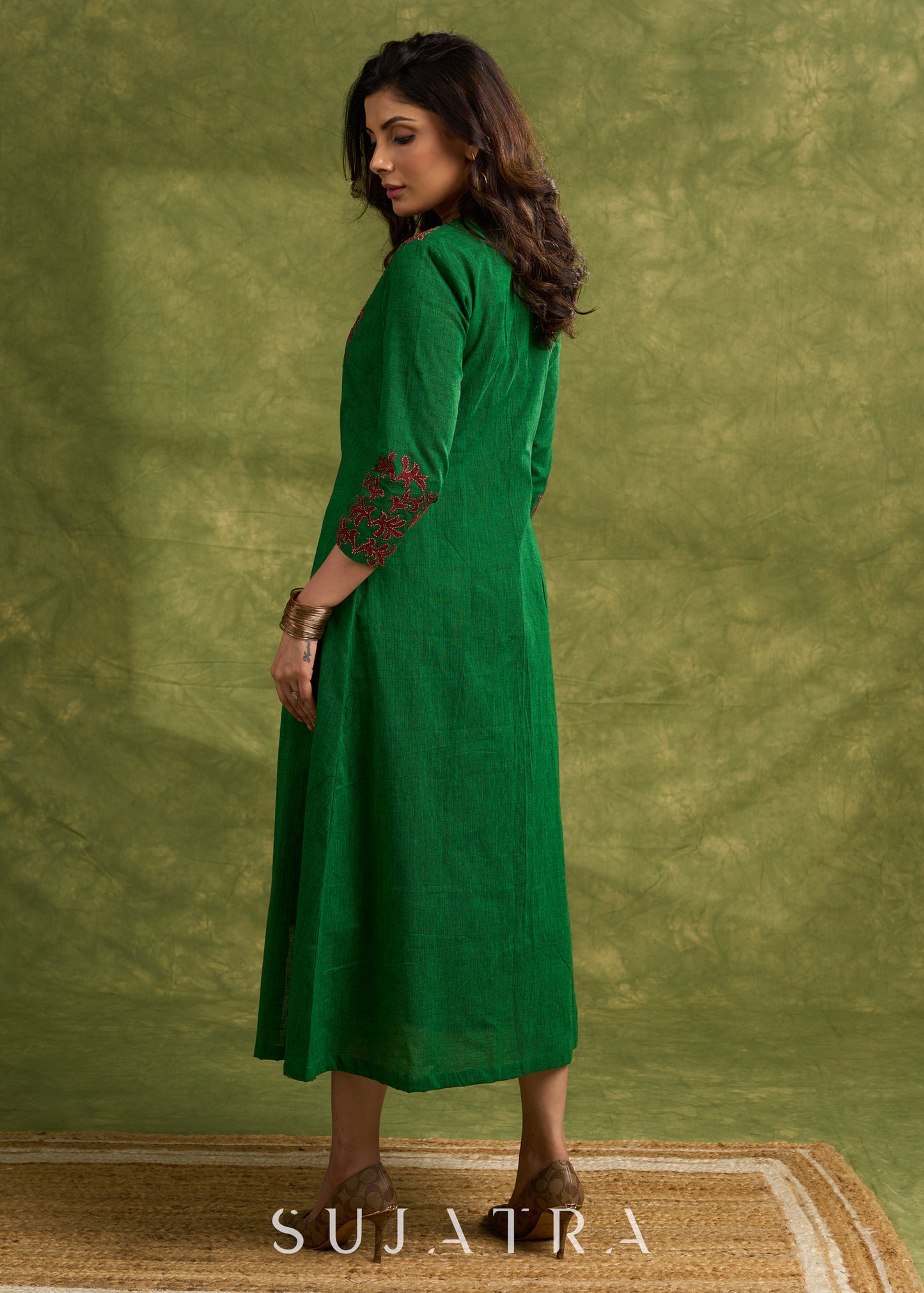 Hand Crafted Emerald Green Cotton Shrug With Vibrant Maroon Applique Accents   Dress Optional