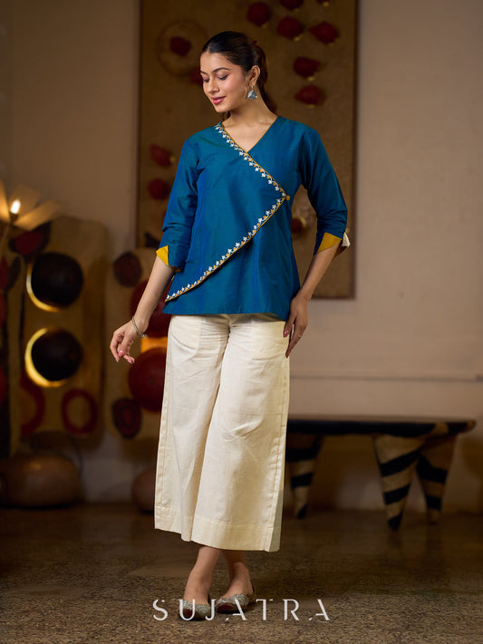 Elegant Embroidered Turquoise Blue Cotton Silk Wrap Top with Mustard Contrast Highlights