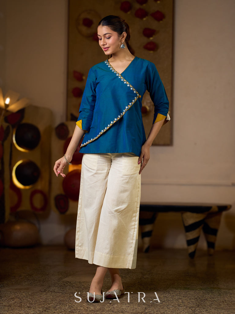 Elegant Embroidered Turquoise Blue Cotton Silk Wrap Top with Mustard Contrast Highlights