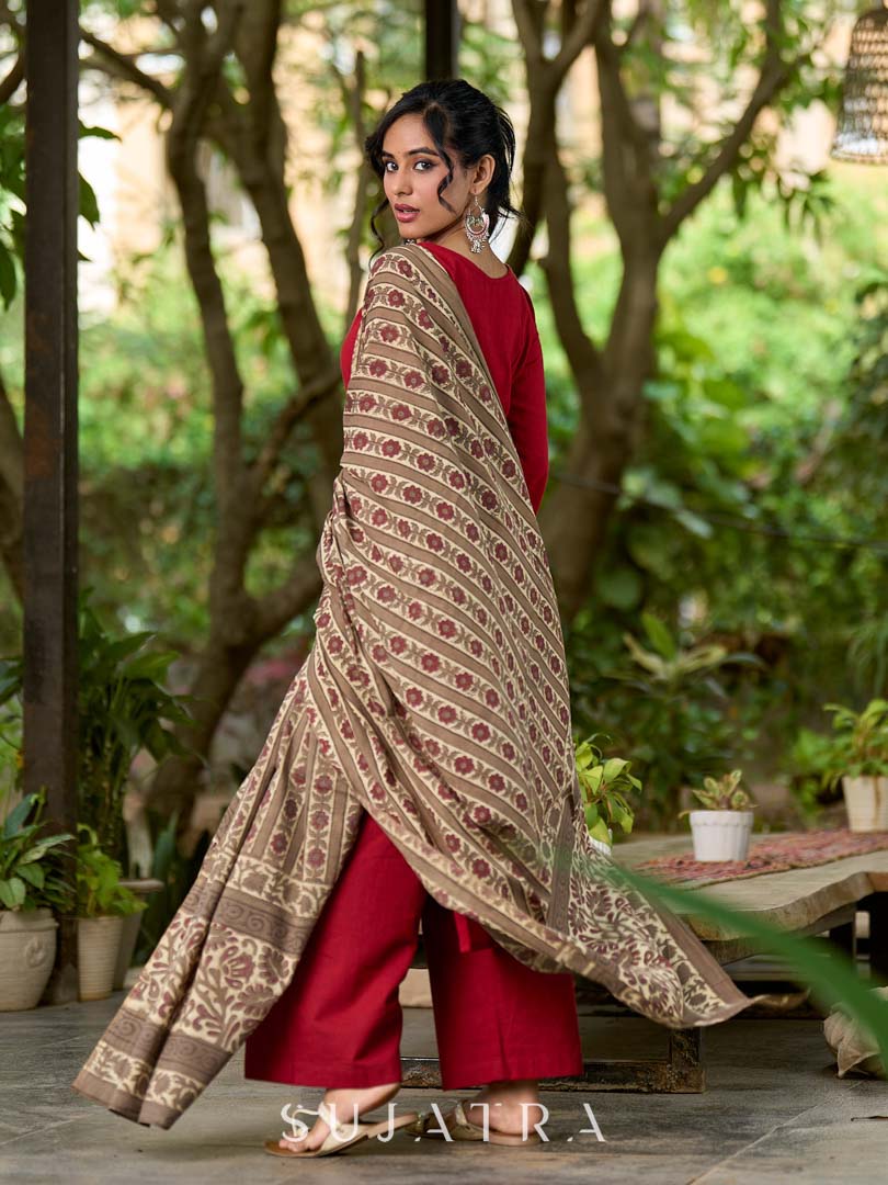 Deep Earthy Brown Mul Cotton Dupatta with Traditional Prints