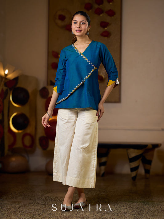 Elegant Embroidered Turquoise Blue Cotton Silk Wrap Top with Mustard Contrast Highlights