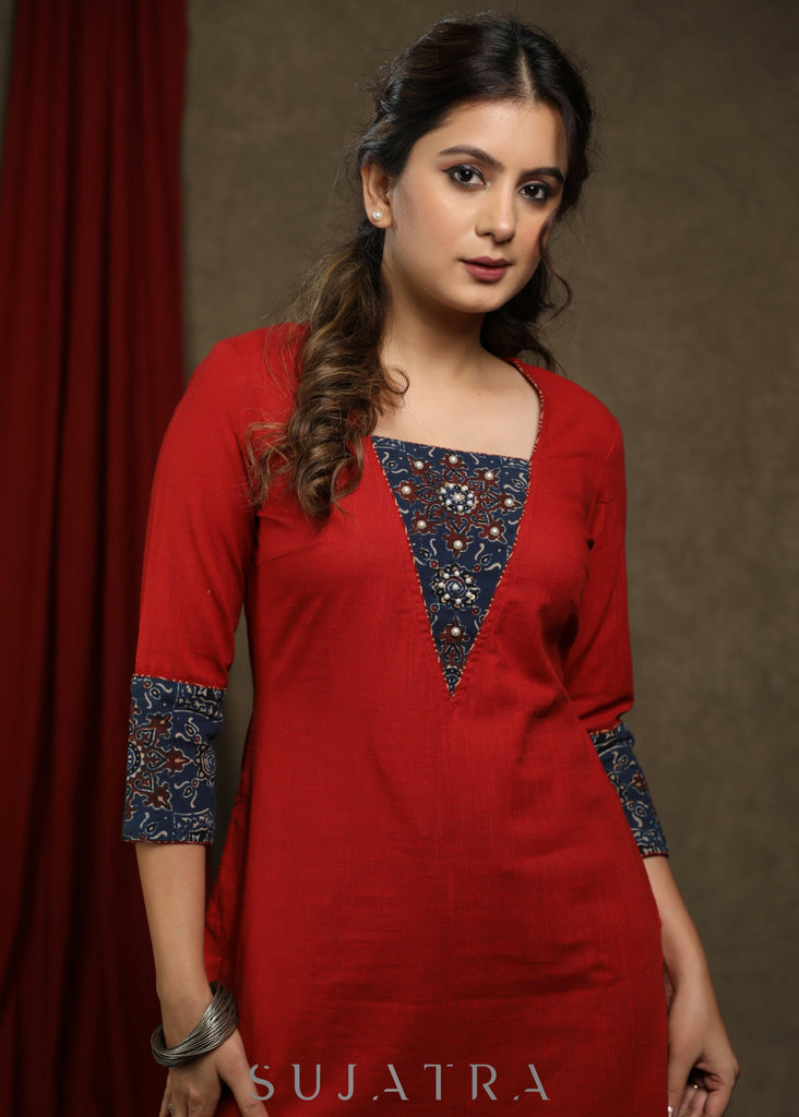 Elegant maroon cotton tunic with ajrakh combination highlighted with beautiful pearls