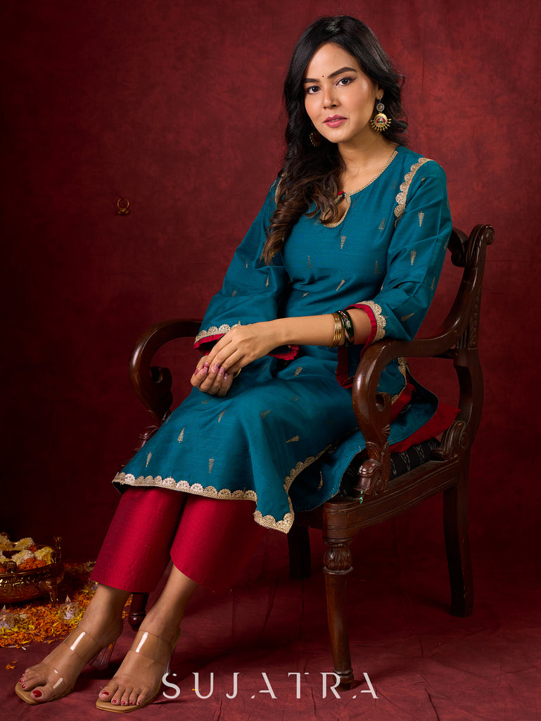Radiant Teal Silk Kurta with Golden Self-Butta Design