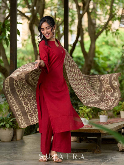 Deep Earthy Brown Mul Cotton Dupatta with Traditional Prints