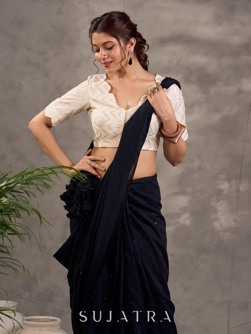 Cream Brocade Elbow Sleeve Blouse with Woven Design and Scalloped Neckline Trim