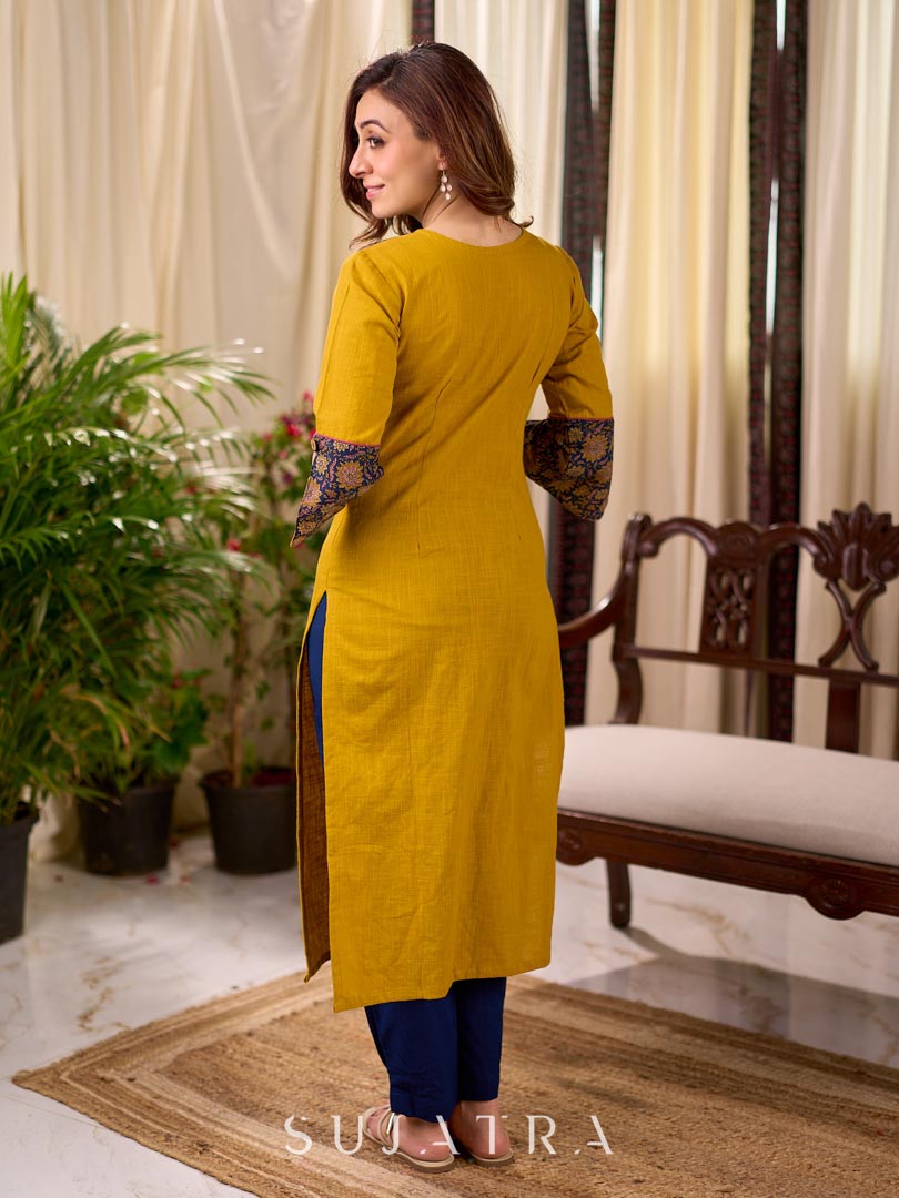 Bright Mustard Cotton Straight Kurta with Dark Blue Floral Yoke Detail