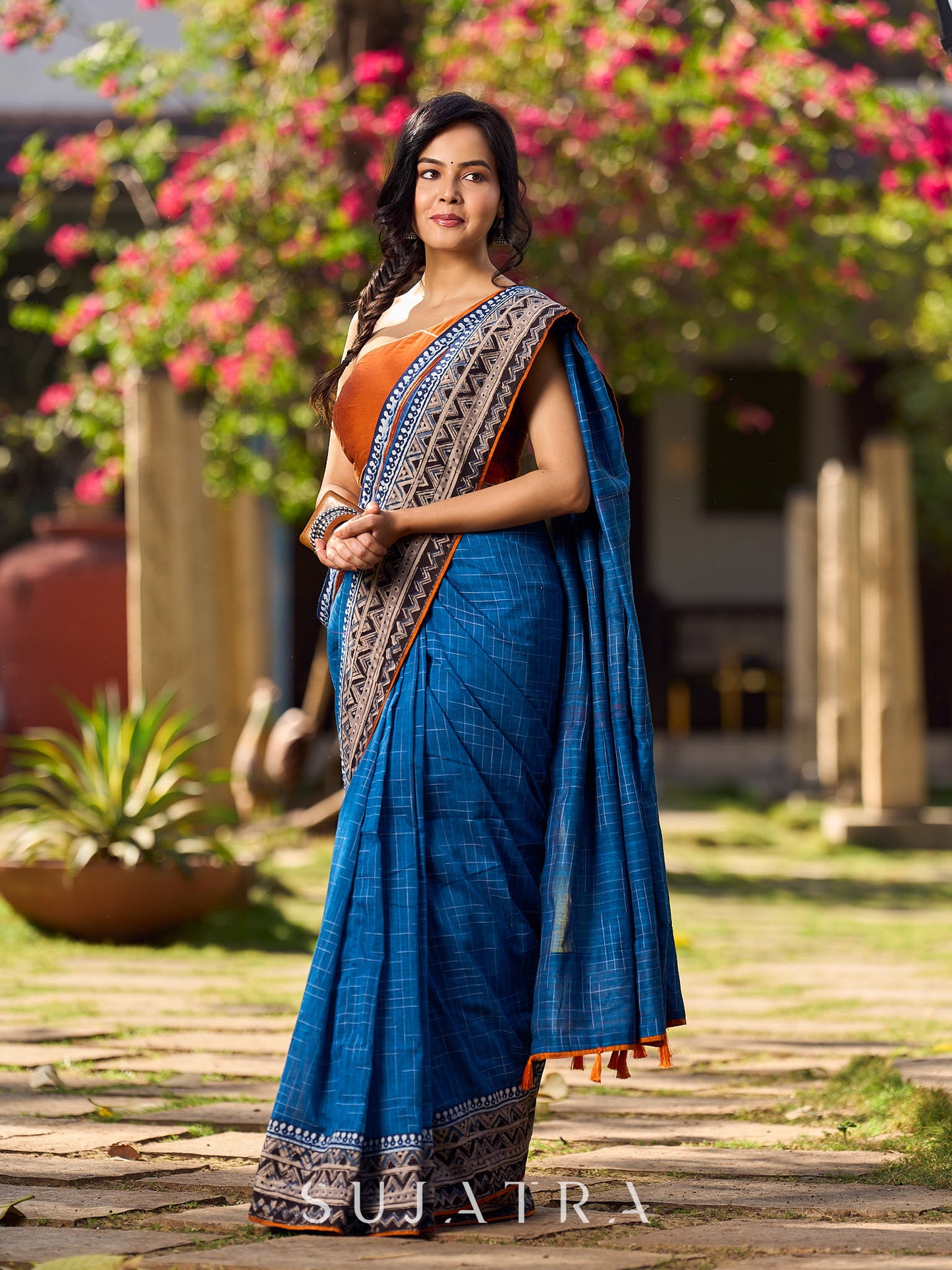 Classy Blue Saree with Kalamari Border & Contrasting Rust Accents