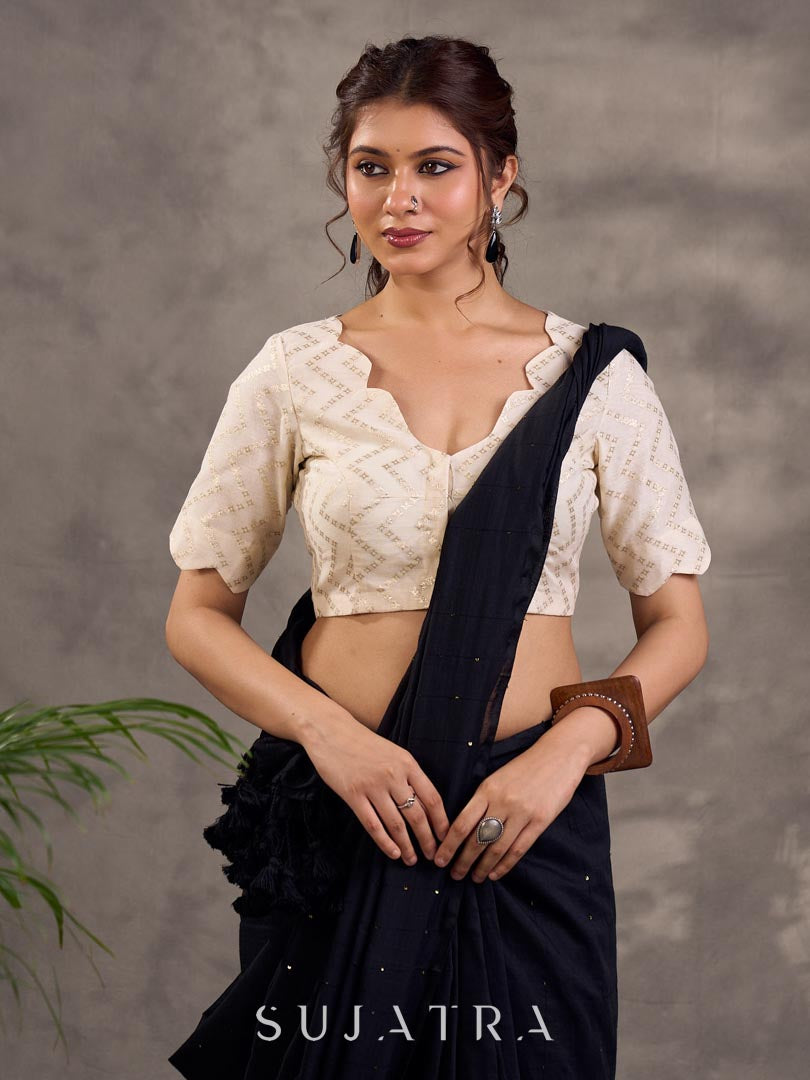 Refined Black Cotton Saree with Sequins Embellishment