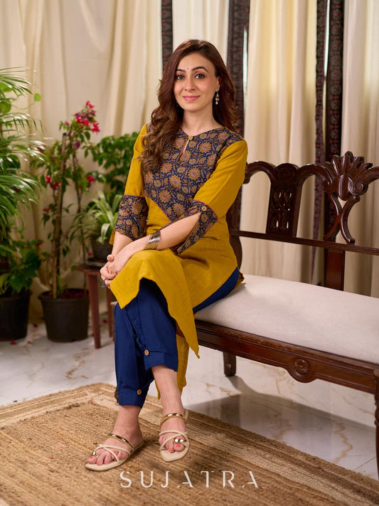 Bright Mustard Cotton Straight Kurta with Dark Blue Floral Yoke Detail