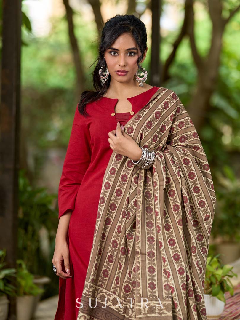 Deep Earthy Brown Mul Cotton Dupatta with Traditional Prints