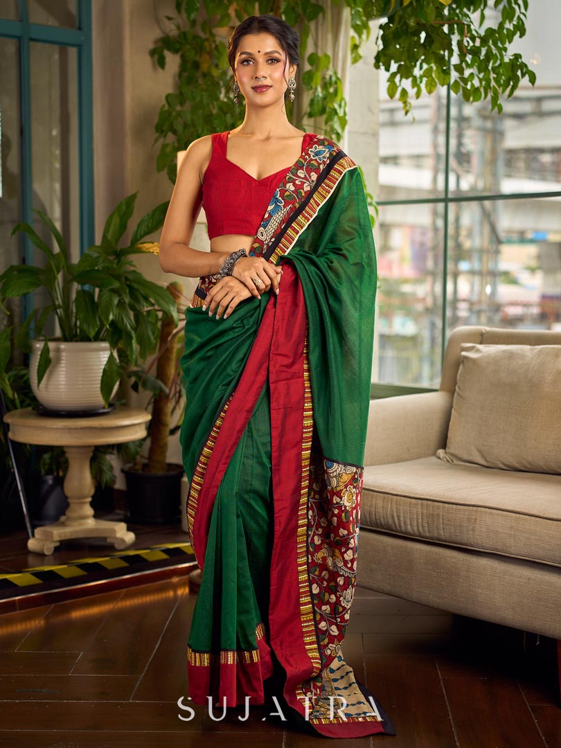 Classic Bottle Green Cotton Saree with Contrast Maroon Border & Hand Painted Pen Kalamkari Pallu