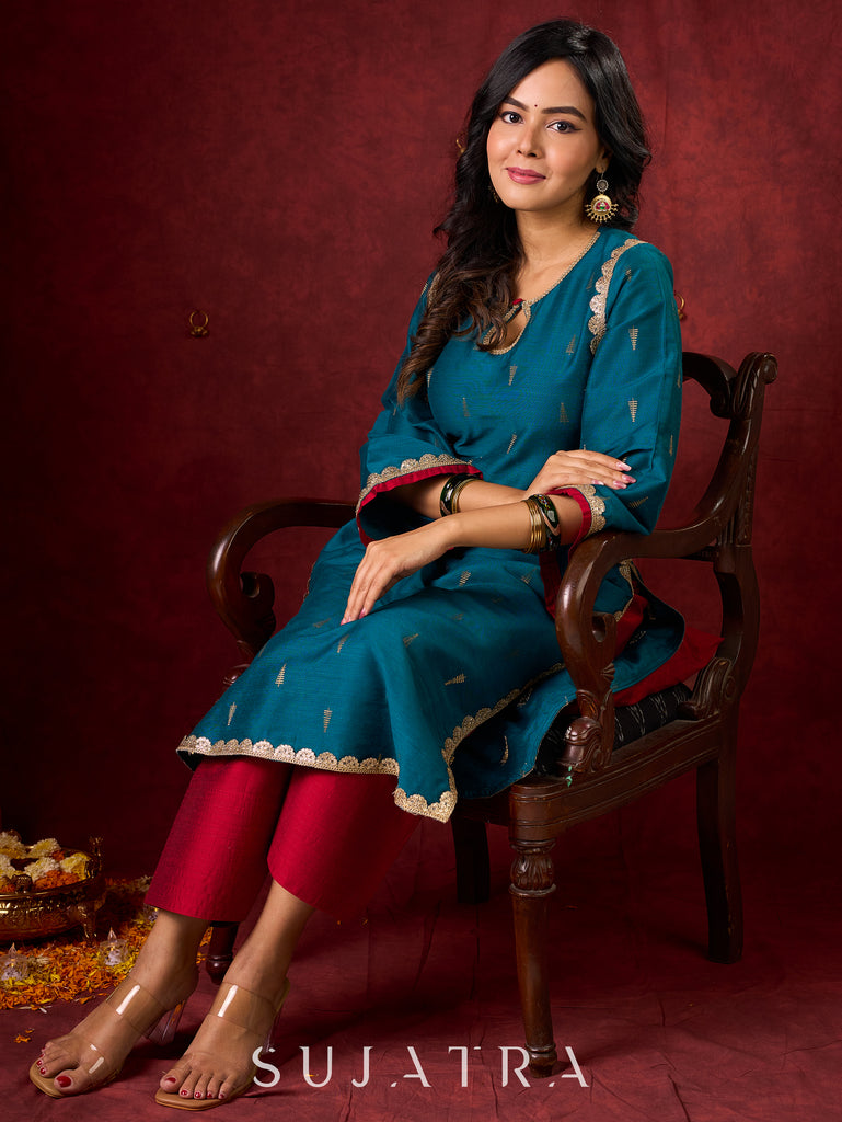 Radiant Teal Silk Kurta with Golden Self-Butta Design