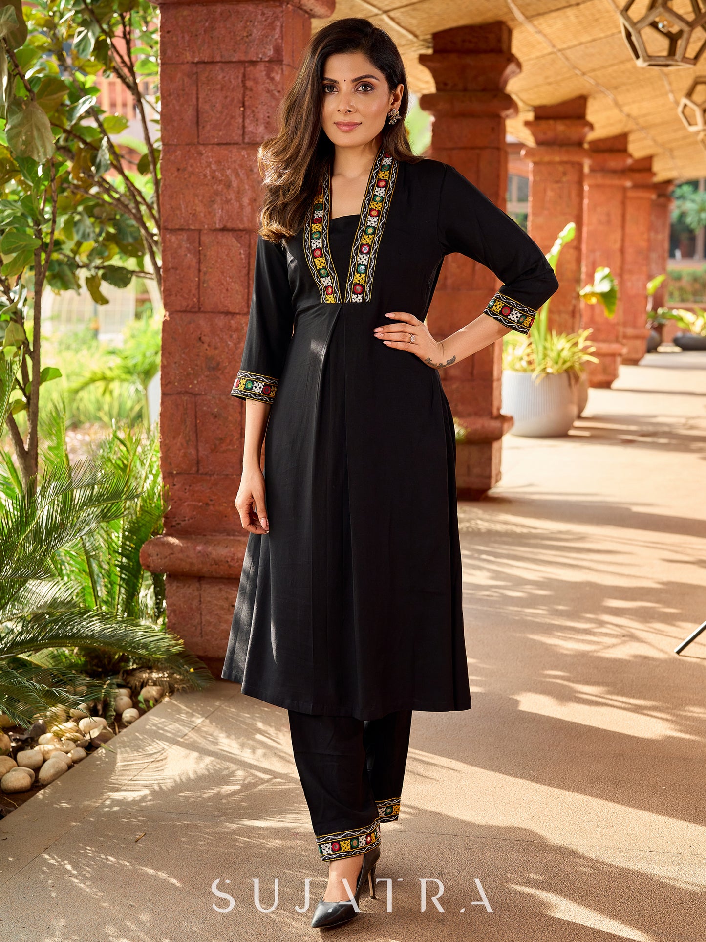 Traditional black rayon A-line kurta with traditional Kutch mirror work - pant optional
