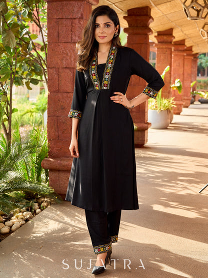 Traditional black rayon A-line kurta with traditional Kutch mirror work - pant optional