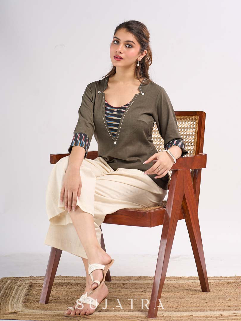 Grey Cotton Contemporary Top with Ikat Yoke, Cuffs and Kantha Stitch Detail