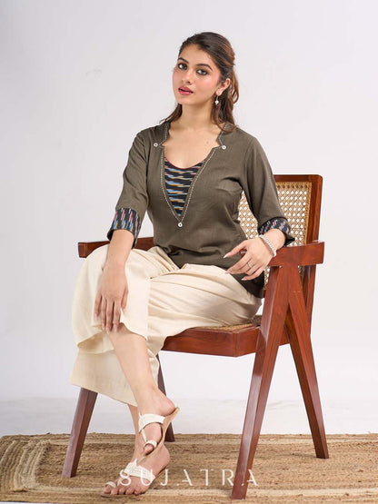 Grey Cotton Contemporary Top with Ikat Yoke, Cuffs and Kantha Stitch Detail