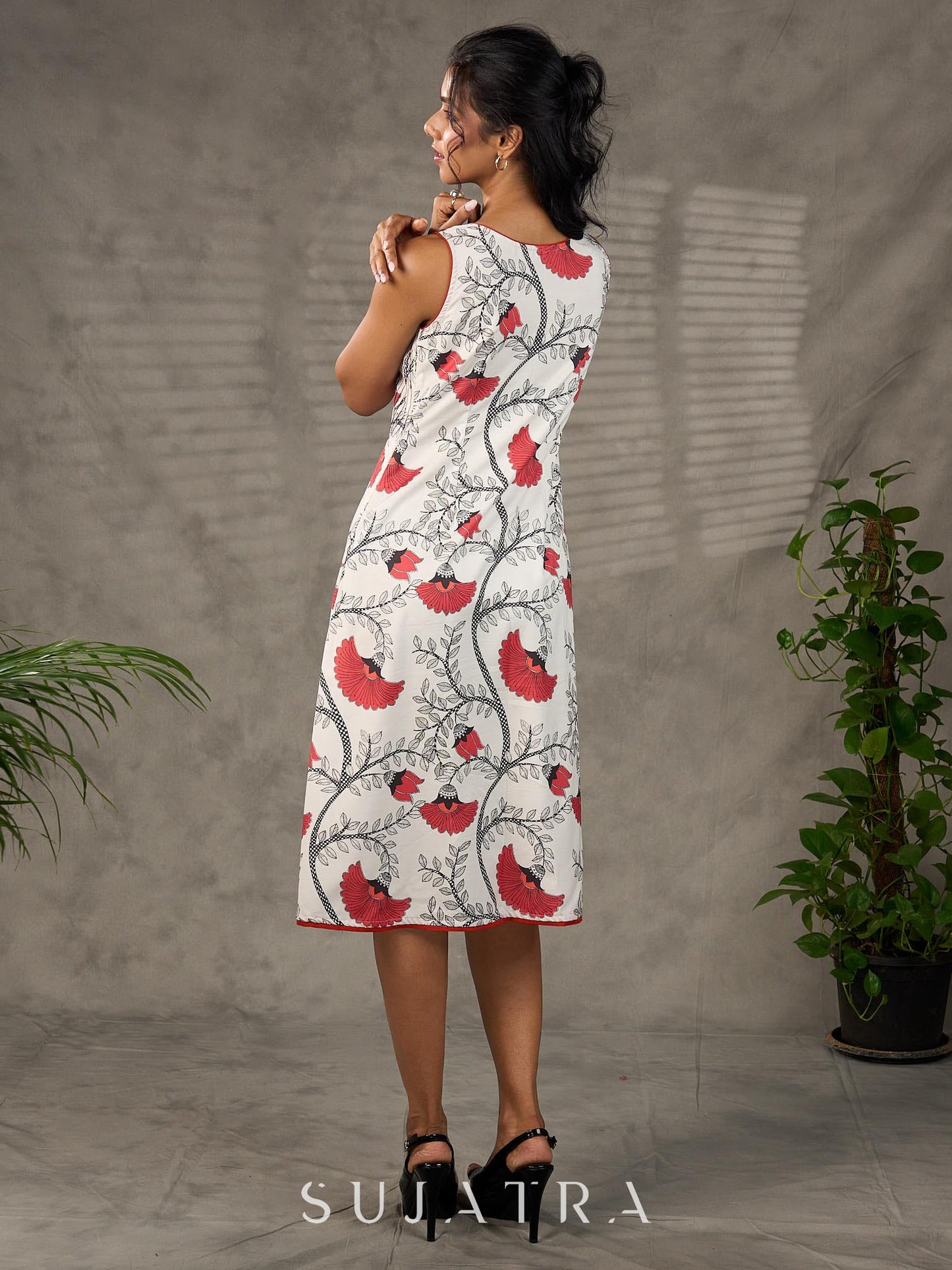 White and orange Kalamkari printed dress with elegant pintuck detailing