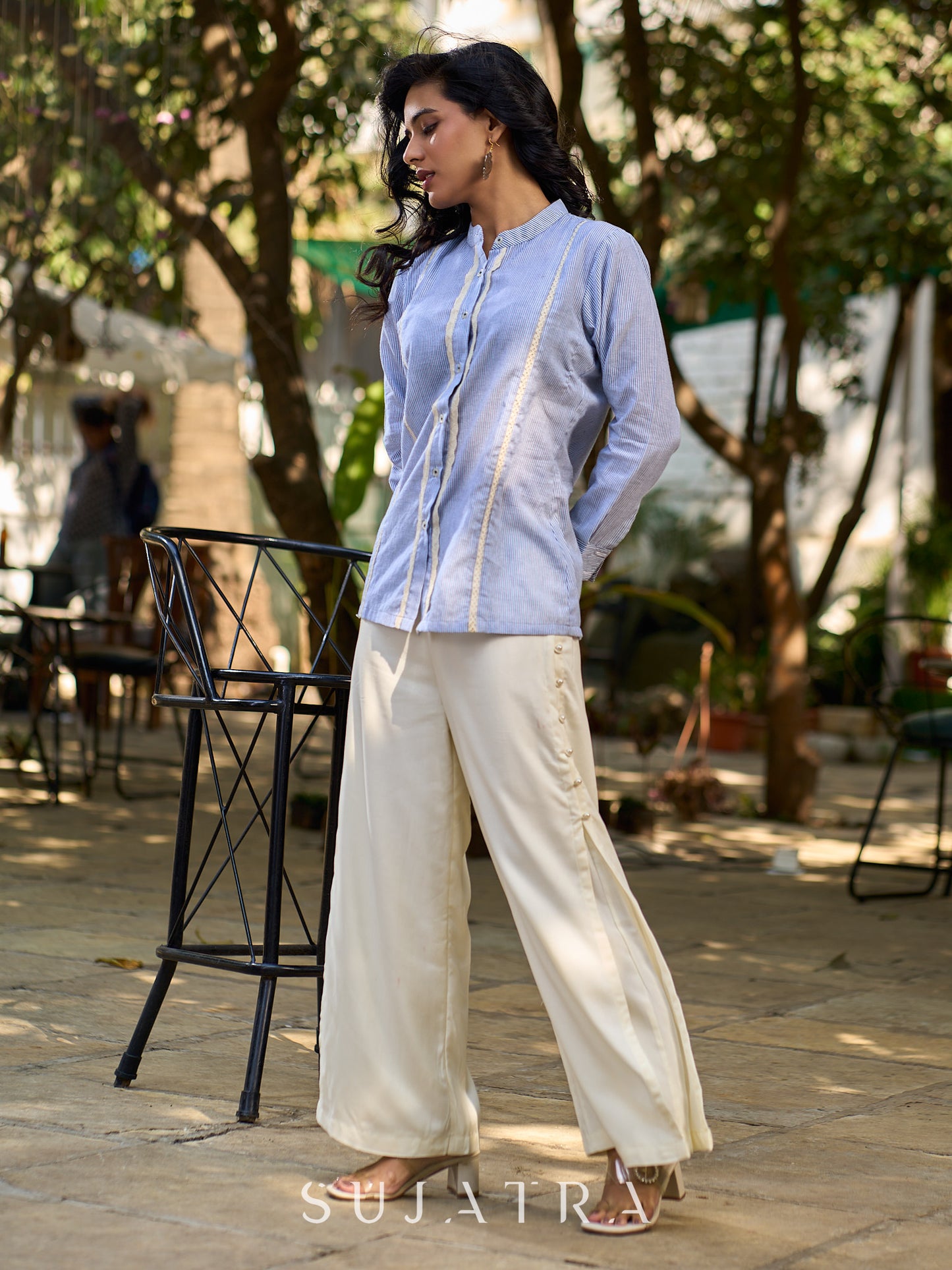 Light Blue Cotton Striped Shirt with Soft Lace Touches