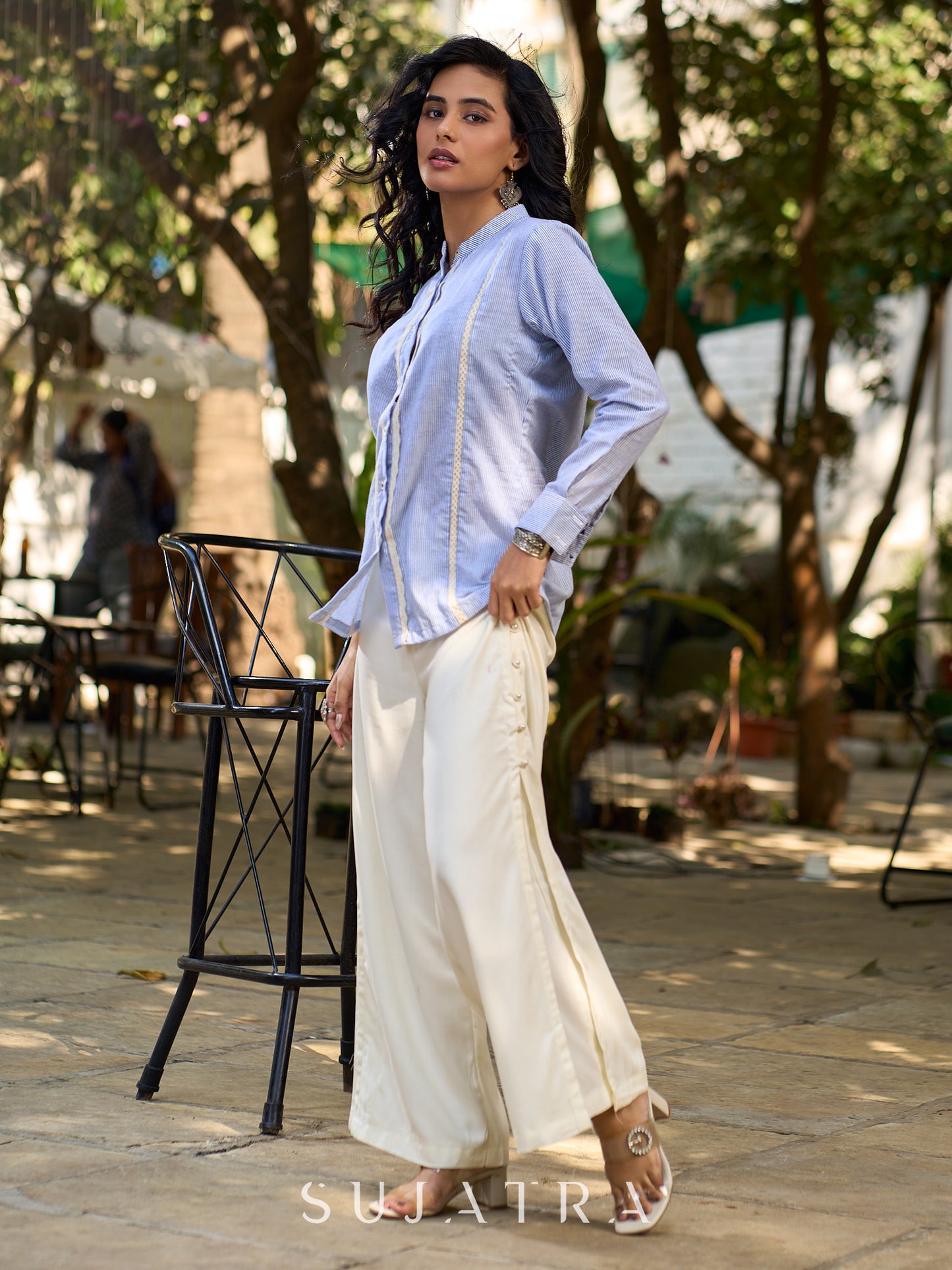 Light Blue Cotton Striped Shirt with Soft Lace Touches