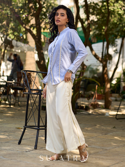 Light Blue Cotton Striped Shirt with Soft Lace Touches