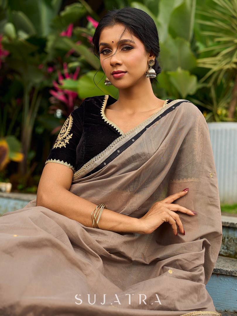 Contemporary Beige Chanderi Silk Saree with Black-Gold Woven Border & Embroidered Pallu
