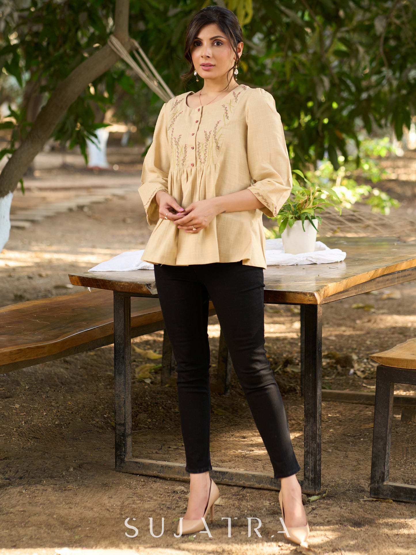 Blooming Beige Cotton Slub Top with Exquisite Hand Embroidered Yoke, Sleeves & Intricate Button Embellishments