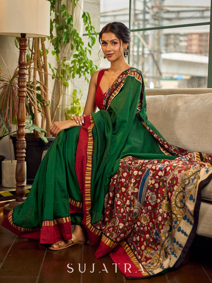 Classic Bottle Green Cotton Saree with Contrast Maroon Border & Hand Painted Pen Kalamkari Pallu