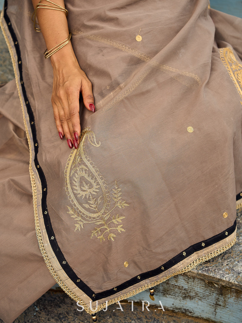 Contemporary Beige Chanderi Silk Saree with Black-Gold Woven Border & Embroidered Pallu