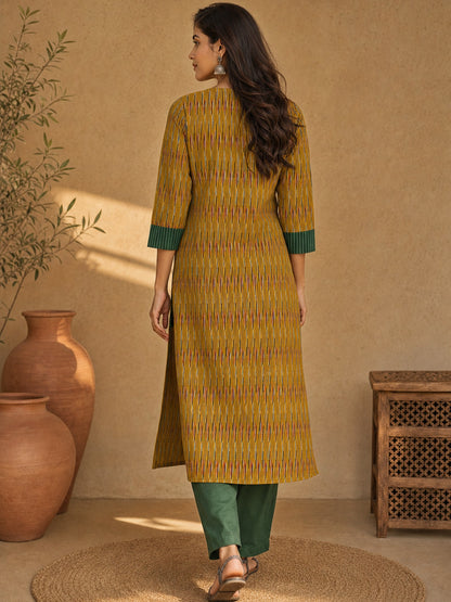 Classic Mustard Ikat Cotton Kurta with Contrasting Collar & Cuff