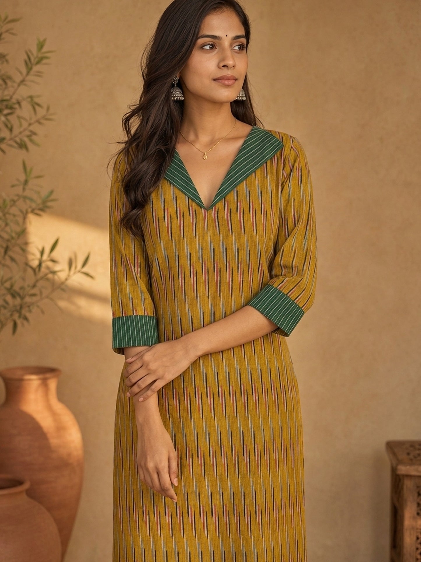 Classic Mustard Ikat Cotton Kurta with Contrasting Collar & Cuff