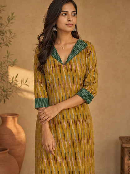 Classic Mustard Ikat Cotton Kurta with Contrasting Collar & Cuff