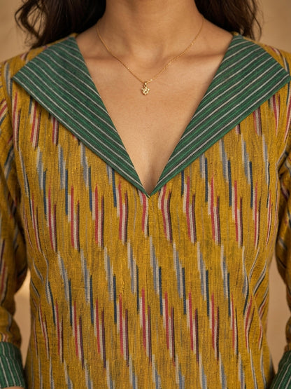 Classic Mustard Ikat Cotton Kurta with Contrasting Collar & Cuff
