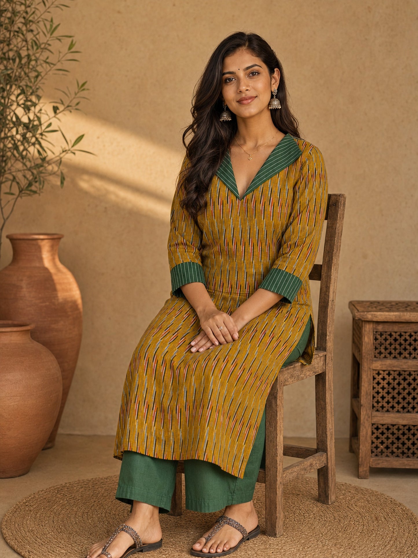 Classic Mustard Ikat Cotton Kurta with Contrasting Collar & Cuff