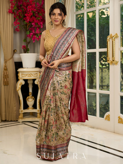 Graceful floral printed saree with intricate border, ideal for weddings and celebrations
