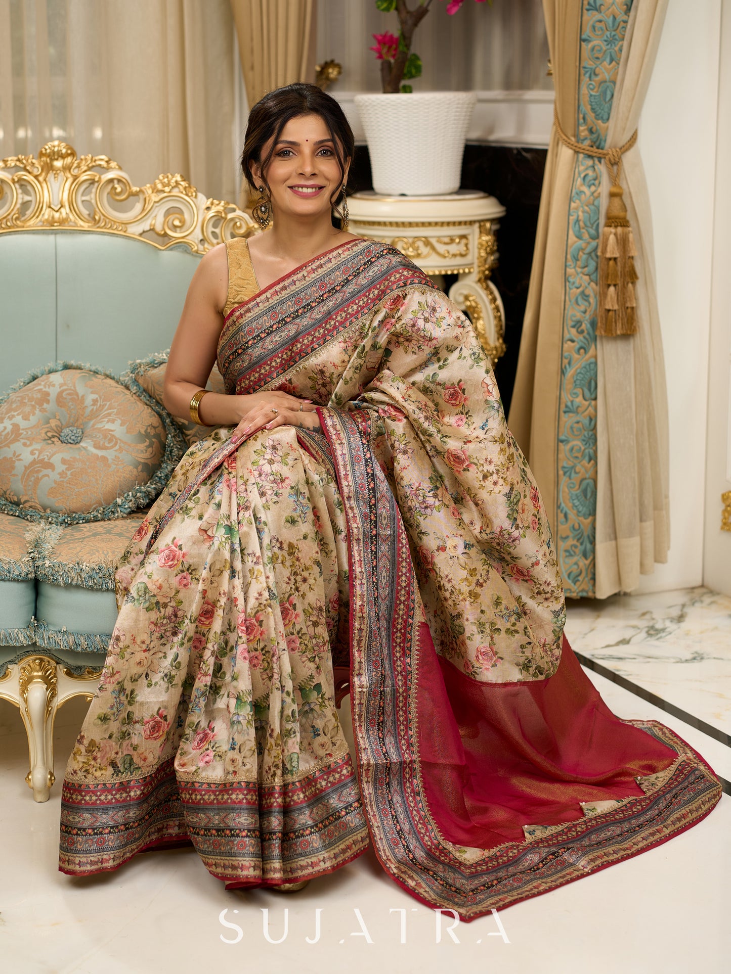 Graceful floral printed saree with intricate border, ideal for weddings and celebrations