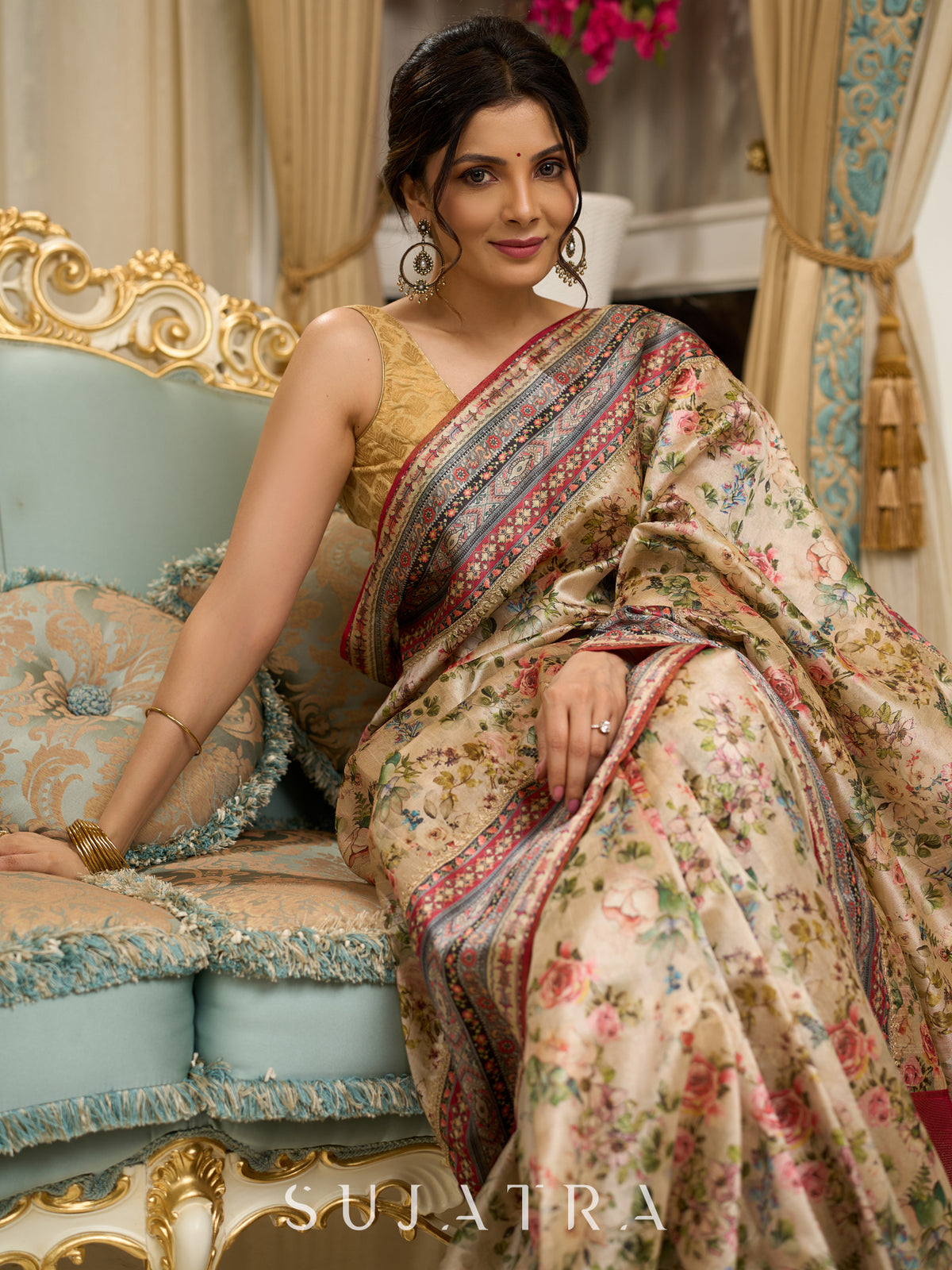 Graceful floral printed saree with intricate border, ideal for weddings and celebrations
