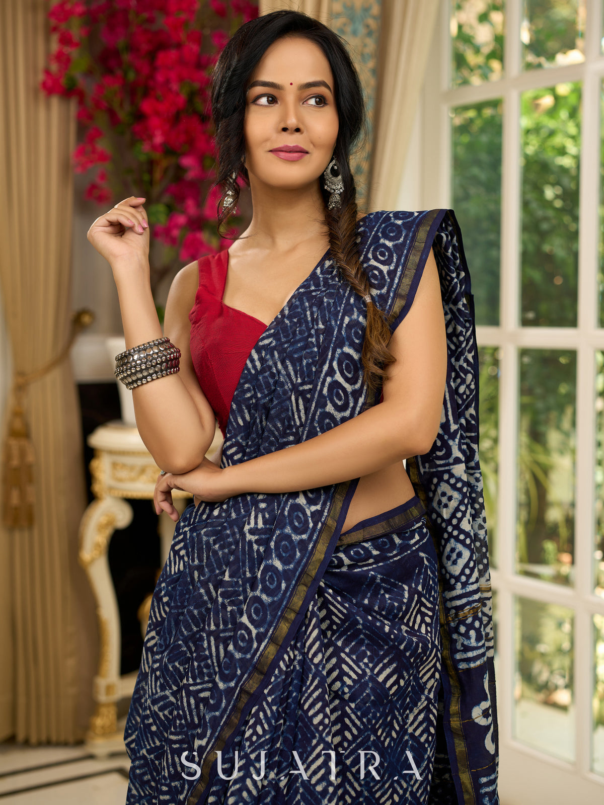 Elegant Indigo pure chanderi saree with geometric hand block prints & zari border