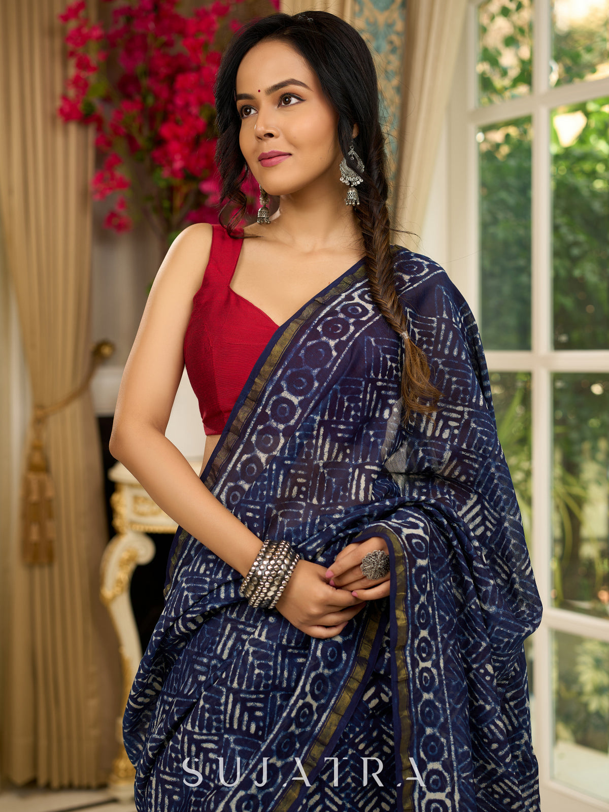 Elegant Indigo pure chanderi saree with geometric hand block prints & zari border