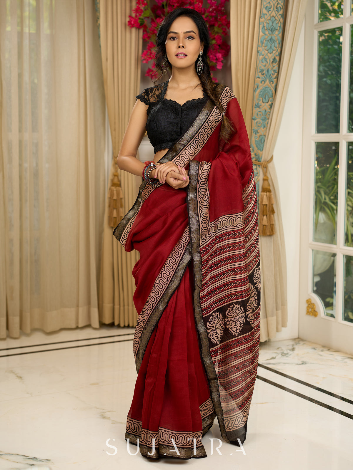 Maheshwari saree in deep crimson with antique block printed pallu & Zari border