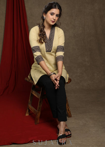 Elegant ochre yellow cotton tunic with ajrakh combination