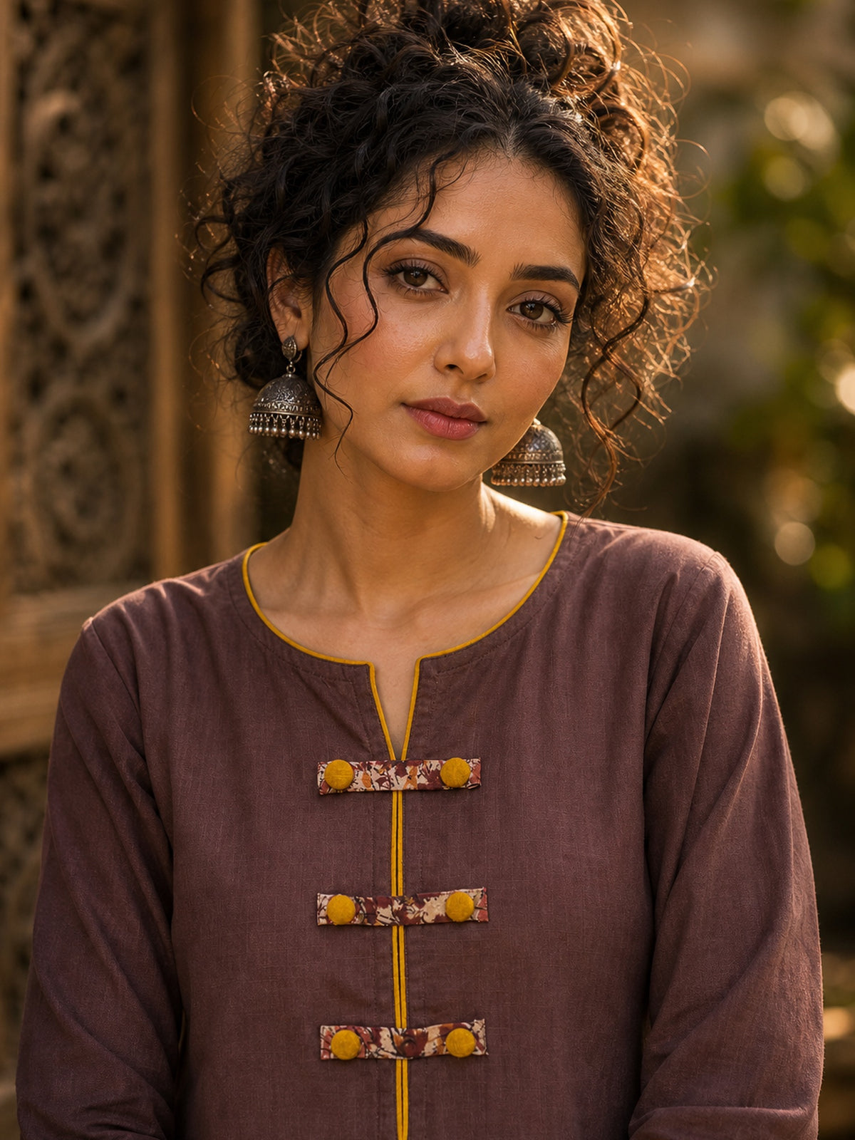 Earthy Brown Cotton Kurta with Statement Kalamkari Block Print Cuffs & Mustard Piping - Pant Optional