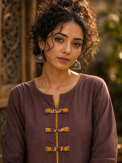 Earthy Brown Cotton Kurta with Statement Kalamkari Block Print Cuffs & Mustard Piping