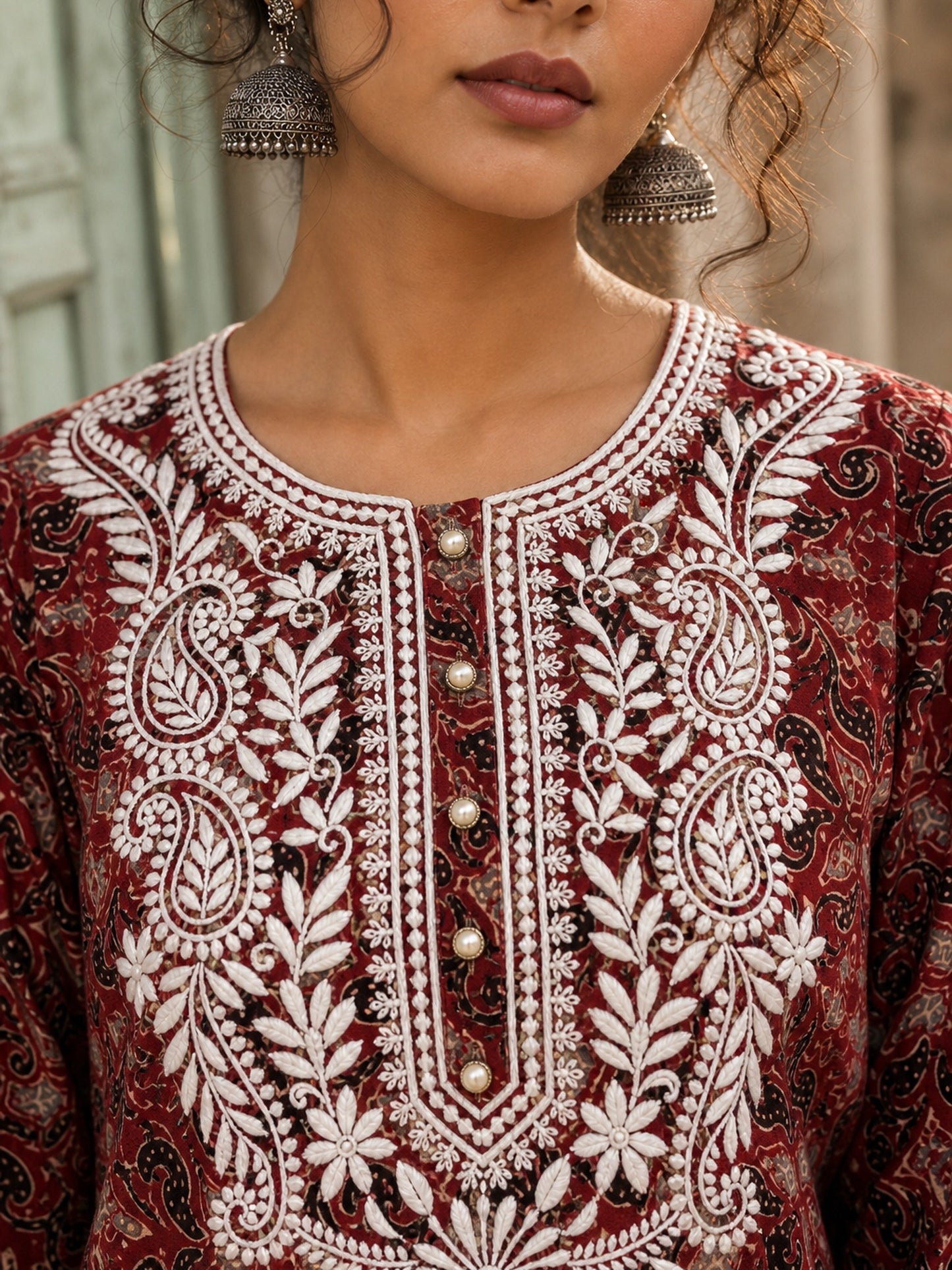 Elegant Maroon Ajrakh Print Kurta with White Embroidery