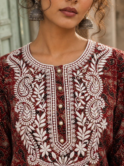 Elegant Maroon Ajrakh Print Kurta with White Embroidery