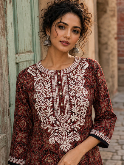 Elegant Maroon Ajrakh Print Kurta with White Embroidery