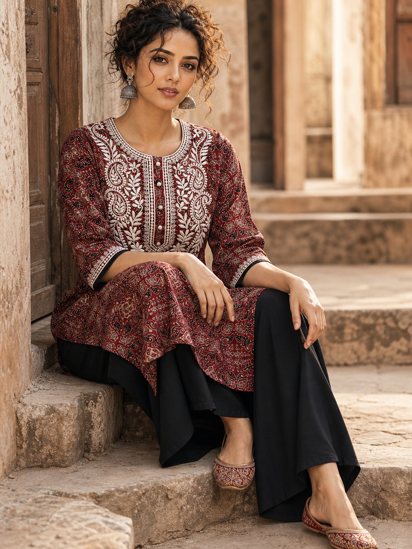 Elegant Maroon Ajrakh Print Kurta with White Embroidery