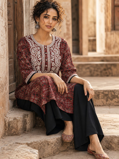 Elegant Maroon Ajrakh Print Kurta with White Embroidery