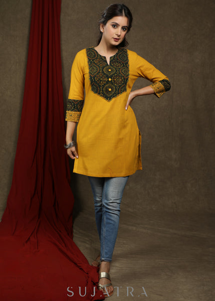 Elegant mustard cotton tunic with ajrakh combination on yoke and sleeves