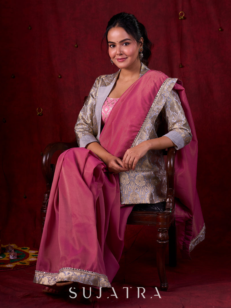 Blush Pink Tissue Saree with Grey Brocade Border & Mirror Lace Detailing